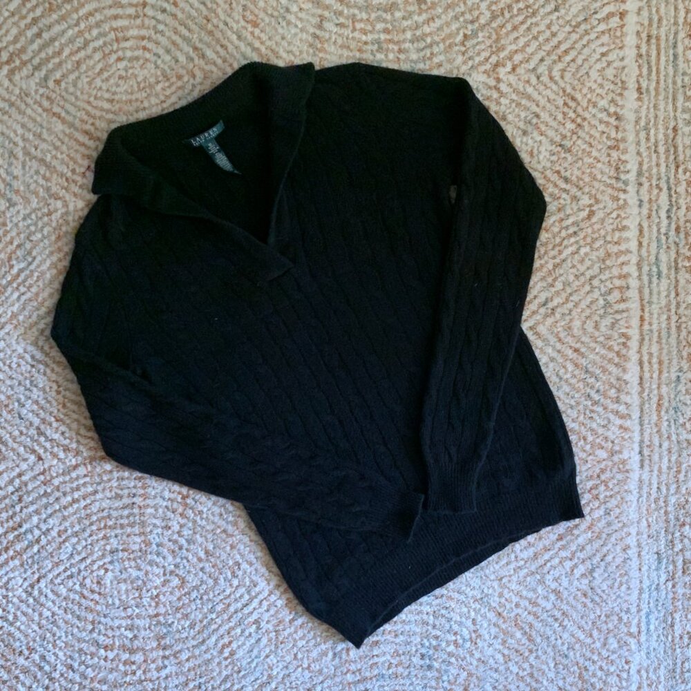 Lauren Ralph Lauren Black Collared Cable Knit Sweater Women's Size Medium Lambsw - Picture 4 of 10
